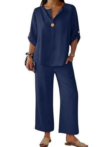 ANRABESS Womens Summer 2 Piece Lounge Sets 3/4 Sleeve V Neck Top Wide Leg Palazzo Pants Set 2026 Beach Travel Outfits | Amazon (US)