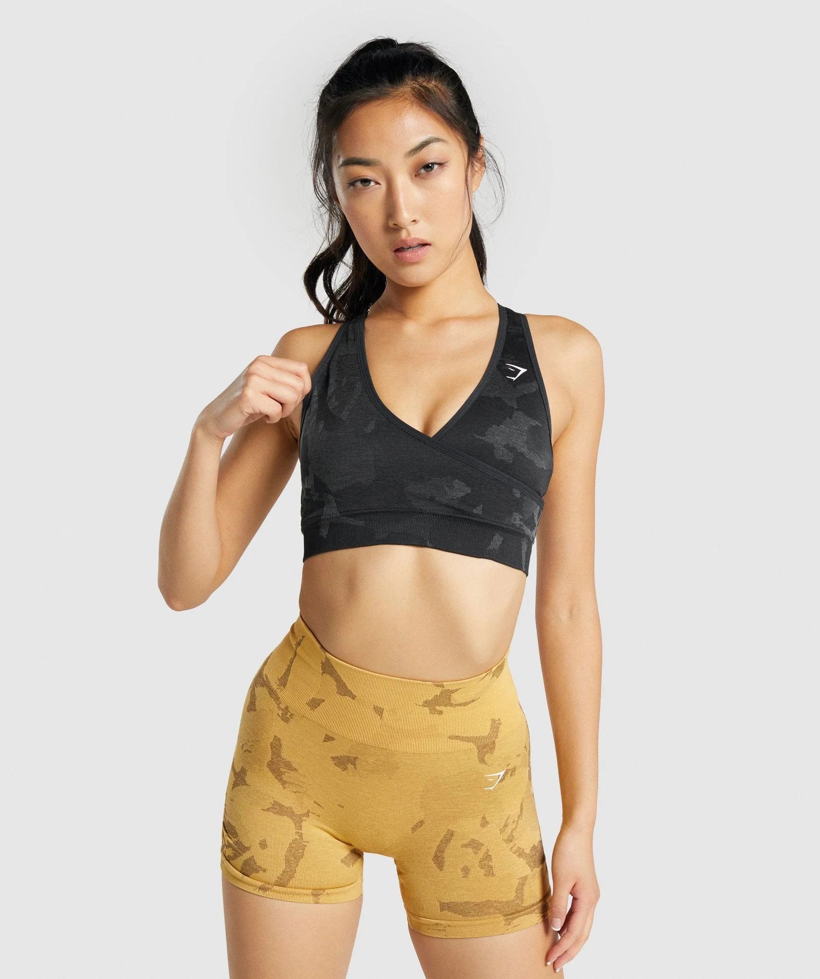 Gymshark Adapt Camo Seamless Sports Bra - Savanna | Black | Gymshark US