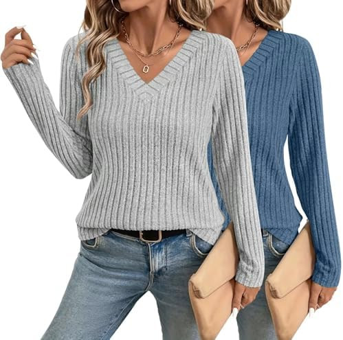 Womens Long Sleeve V Neck Shirts 2025 Fall Tops Casual Outfits Blouses Pullover Sweaters Tunic Fa... | Amazon (US)