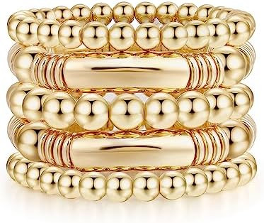 14K Gold Plated Bangles Bracelet for Women Chunky Curved Stacking Plated Bead Ball Stretchable Br... | Amazon (US)