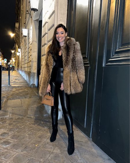 Kat Jamieson of With Love From Kat wears a winter outfit. Vintage fur coat, similar linked below! Faux leather leggings, suede booties, bodysuit, Lily & Bean bag, Paris style. 

#LTKSeasonal #LTKstyletip #LTKshoecrush
