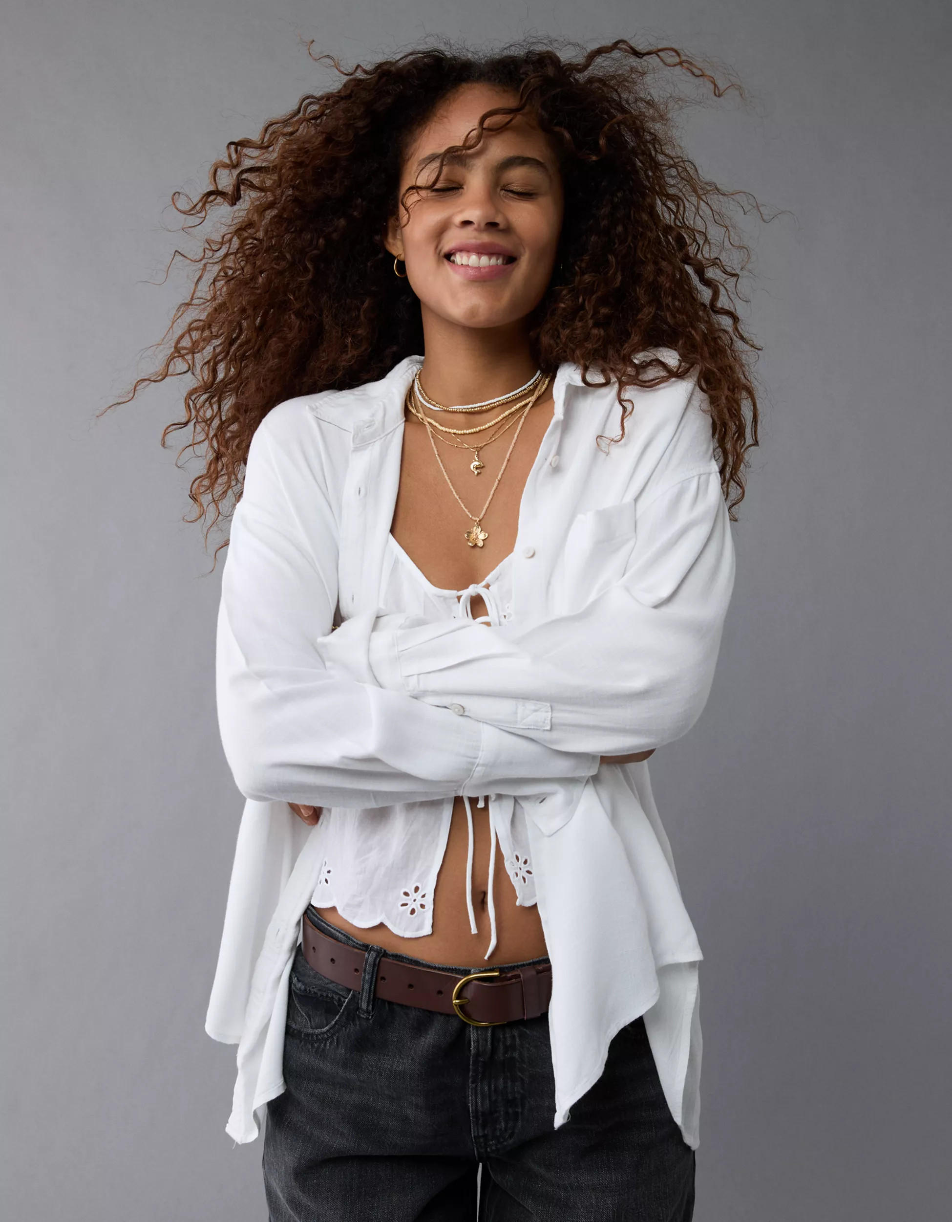 AE Long-Sleeve Tie Back Button-Up Shirt | American Eagle Outfitters (US & CA)