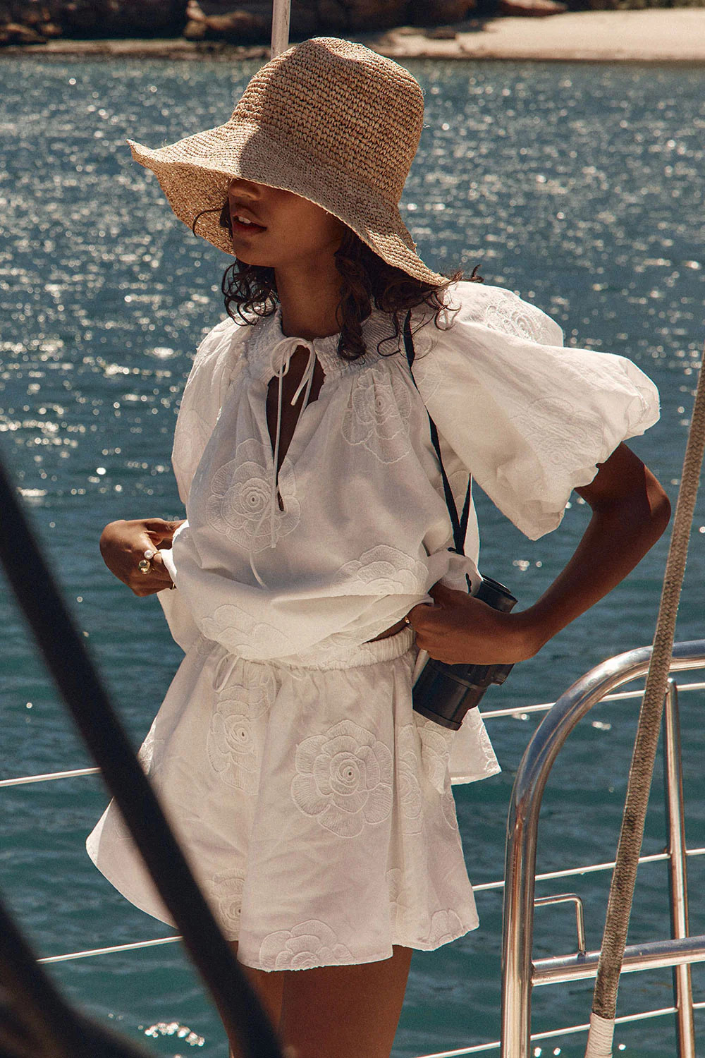 White Embroidered Flower Elastic Drawstring Marceline Shorts | Sabo Skirt US