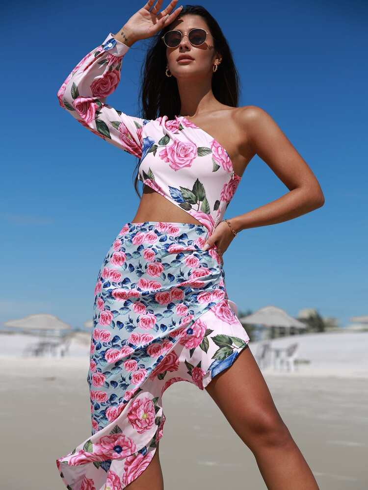 Floral Print One Shoulder Cut Out Asymmetrical Hem Dress | SHEIN