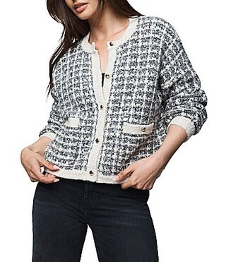 Splendid Lisette Textured Knit Plaid Round Neck Long Sleeve Cropped Cardigan - S | Dillard's