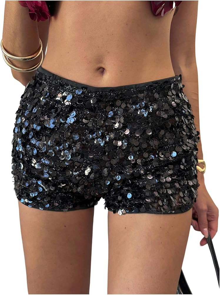 MakeMeChic Women's Sequin Sparkly Micro Shorts Glitter Low Waist Rave Party Booty Shorts | Amazon (US)