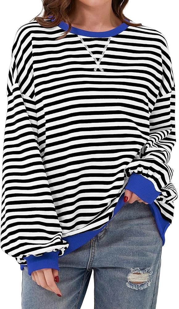 Striped Shirt Women Oversized Sweatshirt Color Block Long Sleeve Crew Neck Sweatshirt Loose Pullo... | Amazon (US)