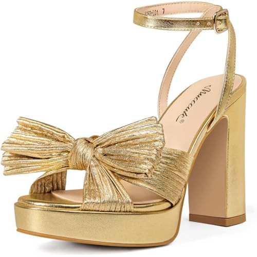 MUCCCUTE Gold Bow Heels for Women Chunky Platform Heels with Ankle Strap Open Toe Heeled Sandals Bridal Wedding Dressy Shoes Size 9.5 | Amazon (US)