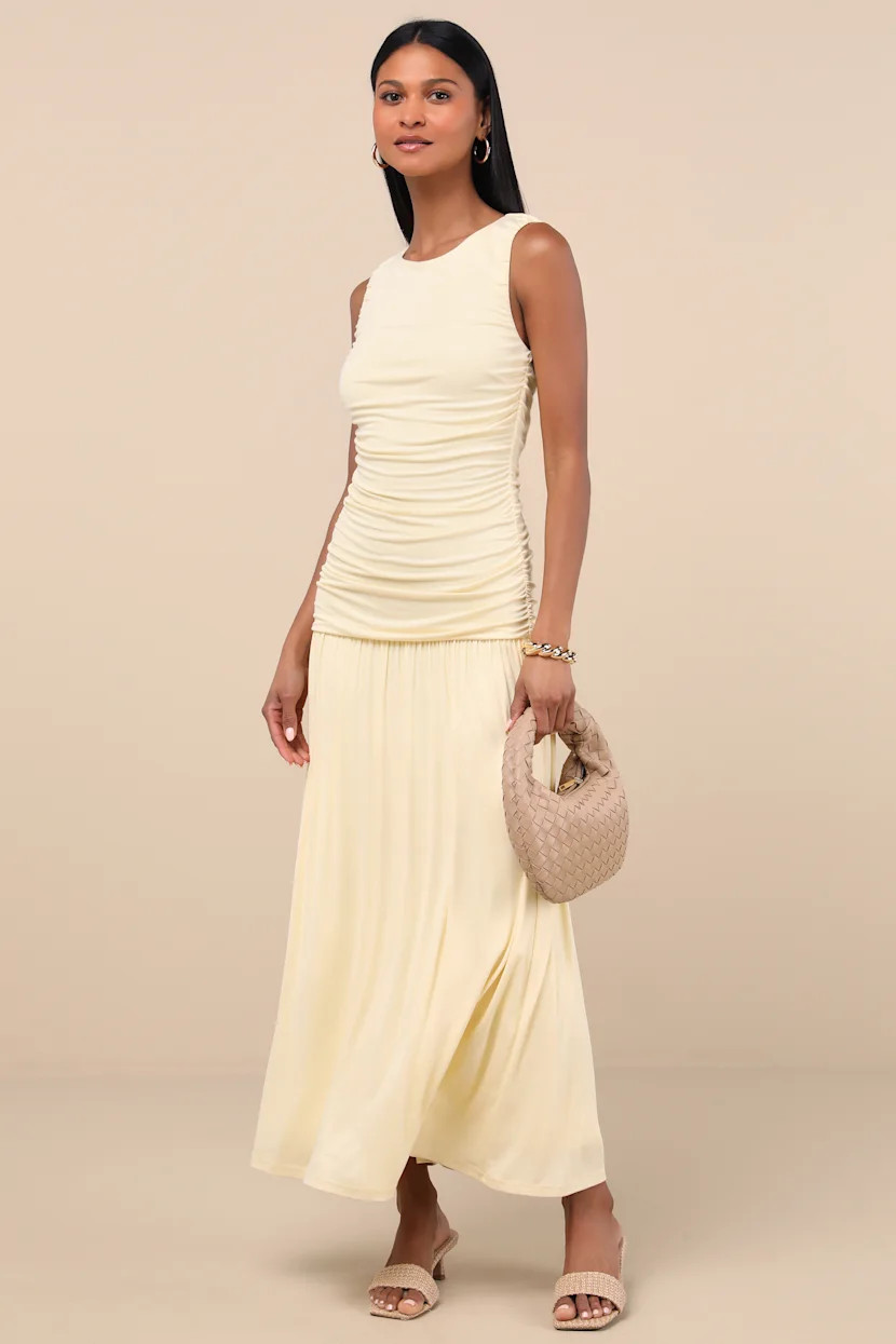 Tamber Light Yellow Jersey Knit Drop Waist Midi Dress | Lulus