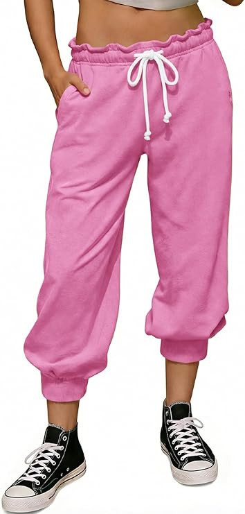 Fisoew Women's Capri Joggers 2026 Trendy Peplum Drawstring Waist Sweatpants with Pockets | Amazon (US)