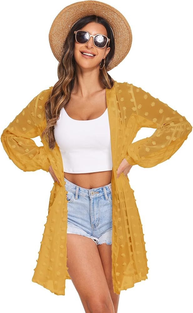 ELESOL Women's Kimono Cardigan Summer Chiffon Swimsuit Coverup Open Front Long Sleeve Lightweight... | Amazon (US)