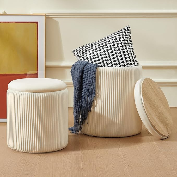 Round Ottoman with Storage Set of 2 Upholstered Velvet Vanity Stool for Makeup Lines Support 300l... | Amazon (US)