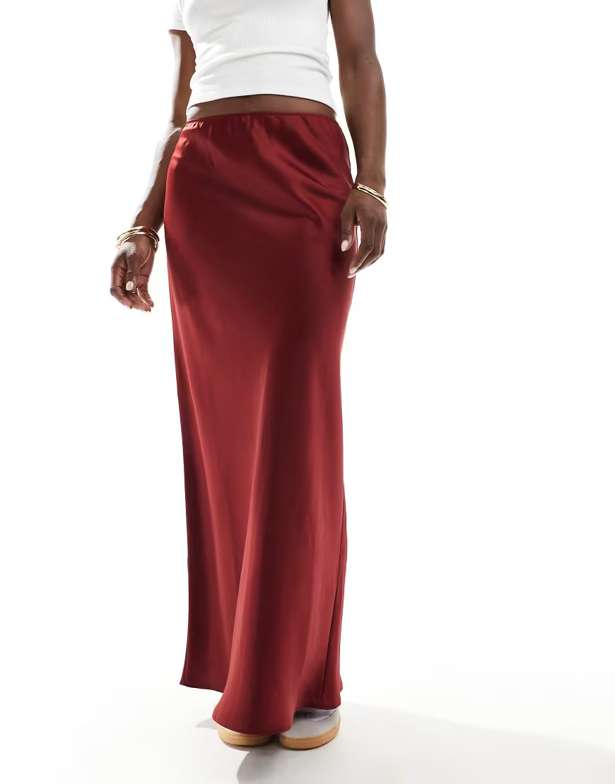 ASOS DESIGN satin bias cut maxi skirt in burgundy-Red | ASOS (Global)