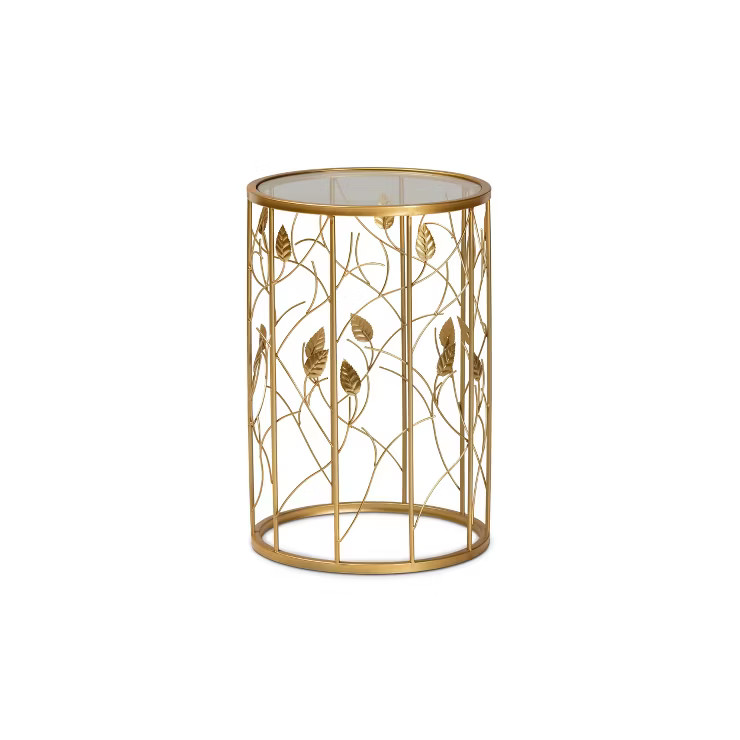 Anaya Glam Brushed Metal and Glass Leaf Accent End Table Gold - Baxton Studio | Target