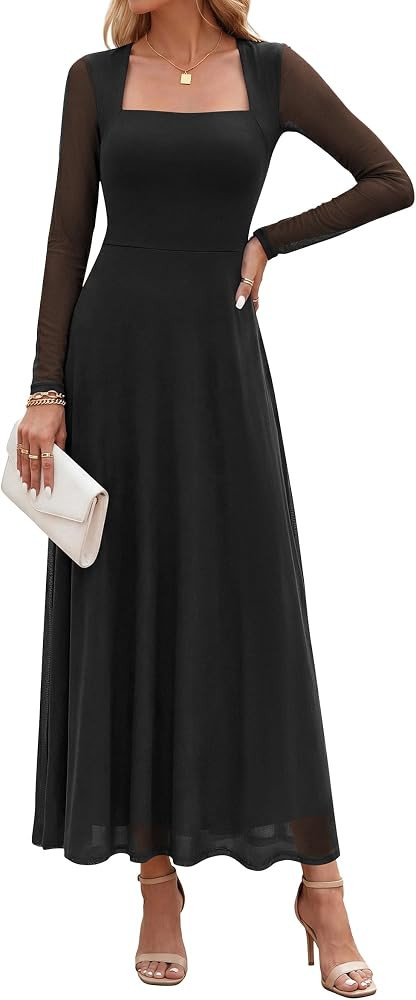 PRETTYGARDEN Women's Flowy Maxi Mesh Fall Cocktail Wedding Guest Dresses | Amazon (US)