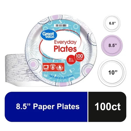 Great Value Disposable Paper Plates, 8.5", 100 Count | Walmart (US)