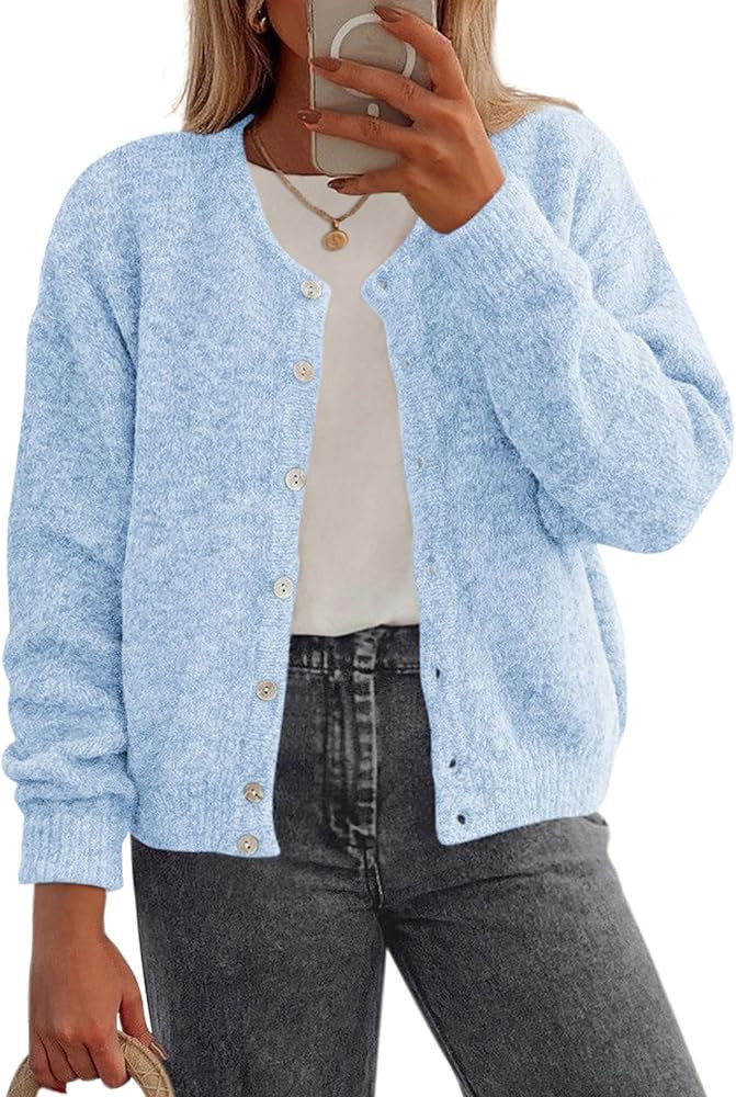 PRETTYGARDEN Fall Long Sleeve Cardigans for Women Trendy 2026 Lightweight Button Down Crewneck Lo... | Amazon (US)