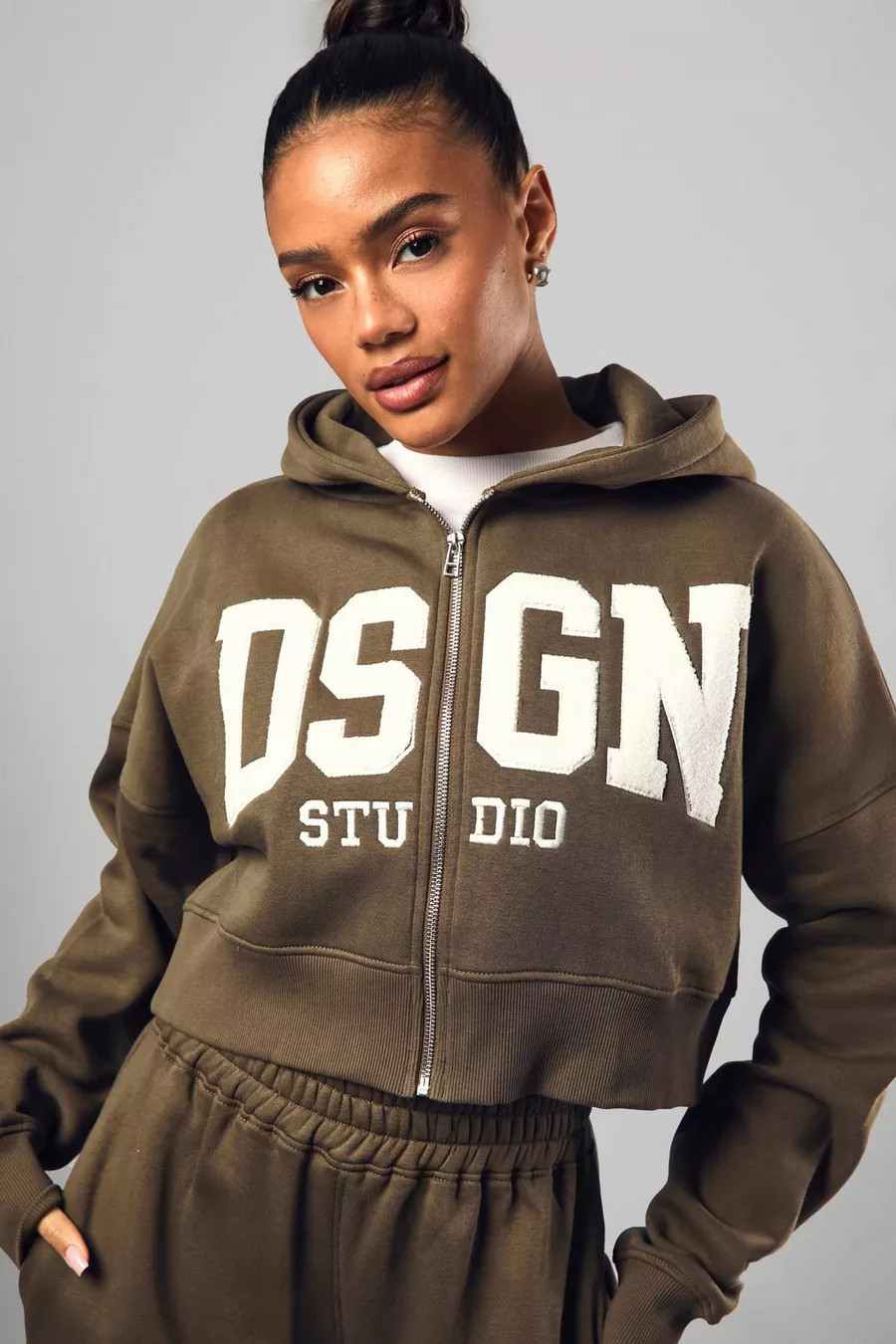 Dsgn Studio Towelling Applique Boxy Crop Zip Through Hoodie | Boohoo.com (UK & IE)