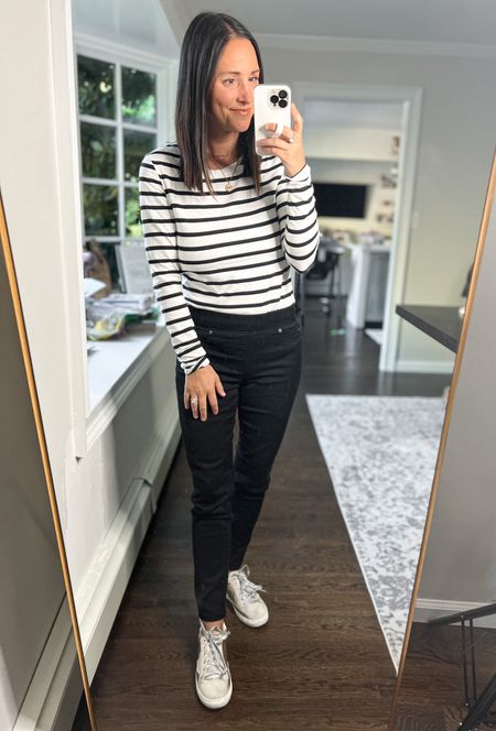 Amazon fall fashion finds:

Black pull on jeggings (4s)
Striped tee (small) linked similar 
Sneakers - run tts 

Casual outfit. Casual mom looks. Fall style. Fall fashion. Petite style. Amazon fashion. Fall staples. Striped shirt.

#LTKstyletip #LTKunder50 #LTKSeasonal
