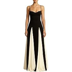 Women Sleeveless Elegant Maxi Dress Pleated Spaghetti Strap Backless Gown Patchwork A Line Flowy ... | Amazon (US)