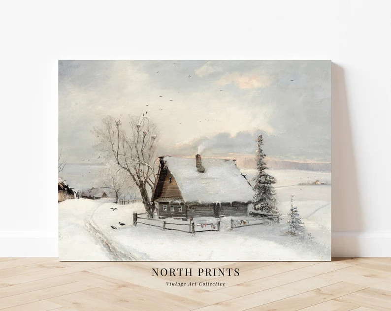 Rustic Winter Oil Painting  Vintage Cottage Print  Neutral - Etsy | Etsy (US)