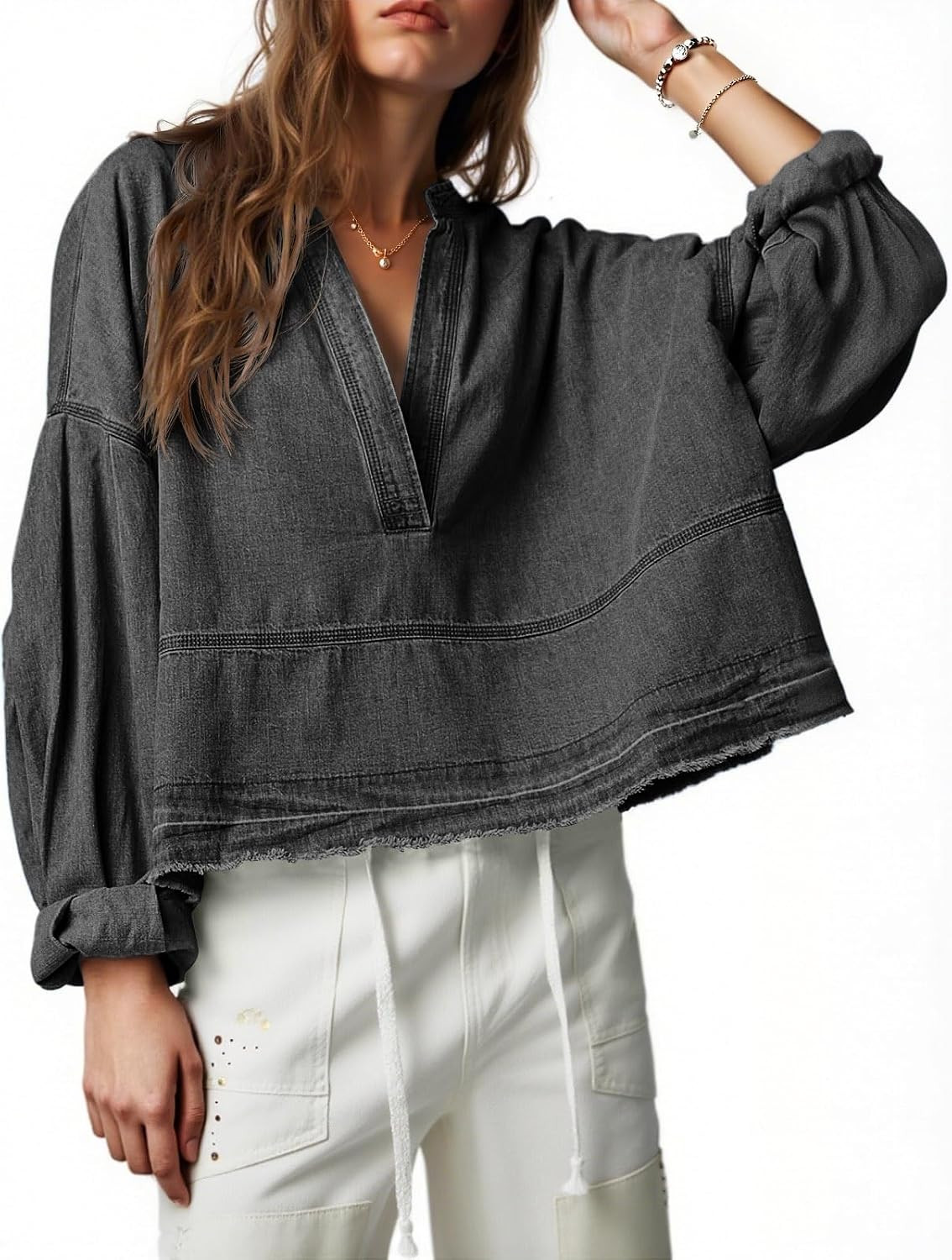 Womens Denim Tops Puff Long Sleeve Trendy Casual V Neck Jean Shirts | Amazon (US)