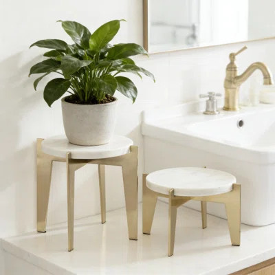 Icelyn Modern Marble Plant Stand Set Of 2, Gold Metal Base With Authentic Marble Top, Indoor Decorative Tabletop Risers For Living Room, Kitchen, Or B | Wayfair North America