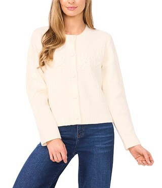CeCe Knit Round Neck Long Sleeve Floral Cardigan | Dillard's | Dillard's