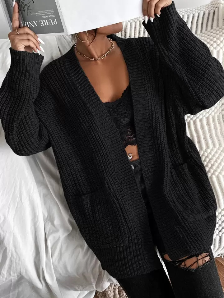 SHEIN Frenchy Solid Dual Pockets Ribbed Knit Cardigan | SHEIN