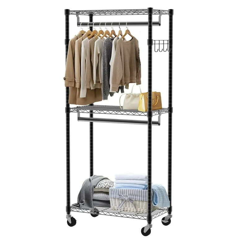 edx 3 Tier Heavy Duty Rolling Garment Rack with Lockable Rollers,Freestanding Clothing Rack,Black... | Walmart (US)