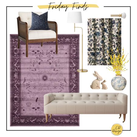Spring Friday finds: purple rug, floral curtains, setee, chair, blue pillow, forsythia, faux spring branches, vase, floor lamp, bunny decor, Easter decor 

#LTKhome #LTKSeasonal