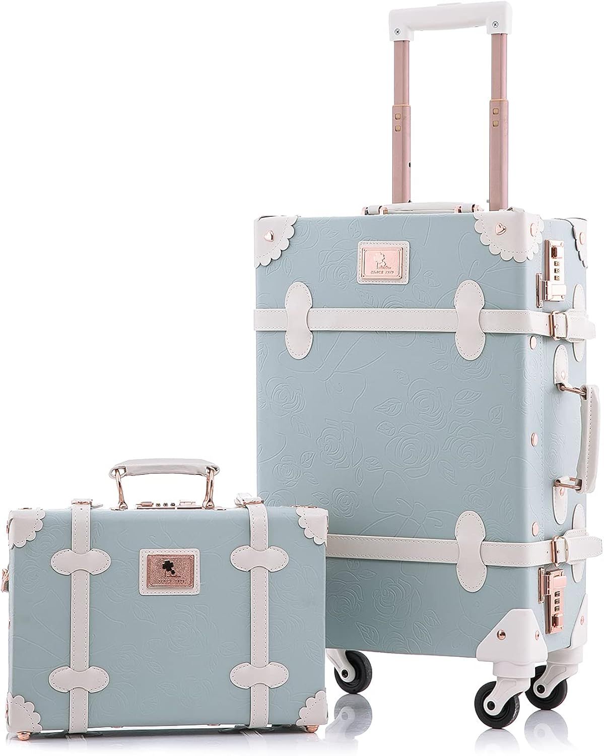 Unitravel Vintage Luggage Set 20 inch PU Leather Women Suitcase with 12 inch Handbag (Embossed Blue) | Amazon (US)