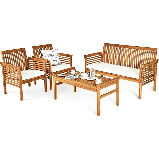 Great Deal Furniture Carol Outdoor 5-Piece Acacia Wood Sofa Set, Gray Finish and Cream | Amazon (US)