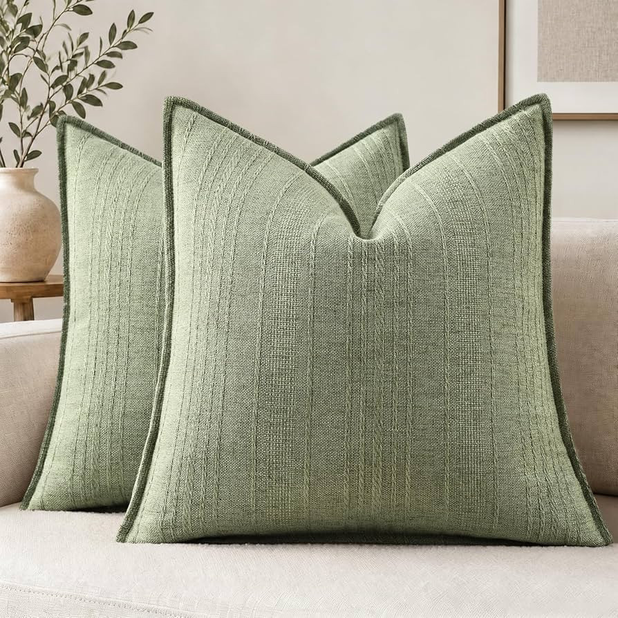 decorUhome Sage Green Textured Linen Throw Pillow Covers 20x20 Set of 2     Decorative Modern Far... | Amazon (US)