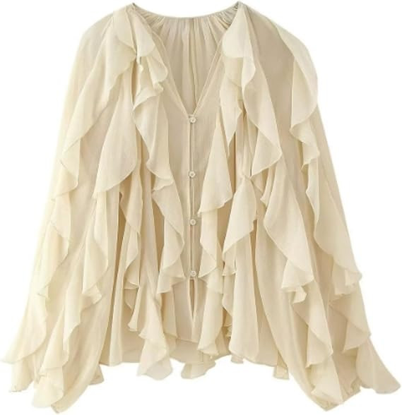 HangNiFang Ruffled Multi-Layered Summer Blouse for Women Chiffon Shirt Tops | Semi See Through, V... | Amazon (US)