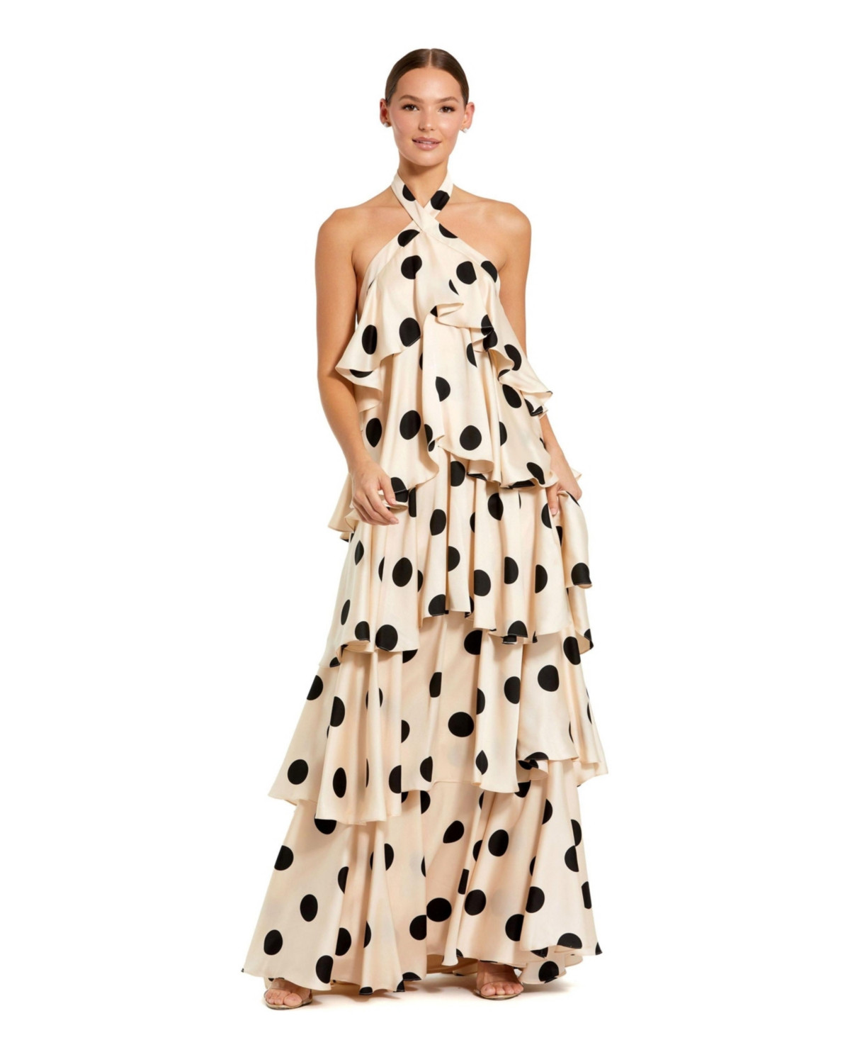 Mac Duggal Women's Polka Dot Charmeuse Halter Tiered Ruffle Gown - Cream black | Macy's