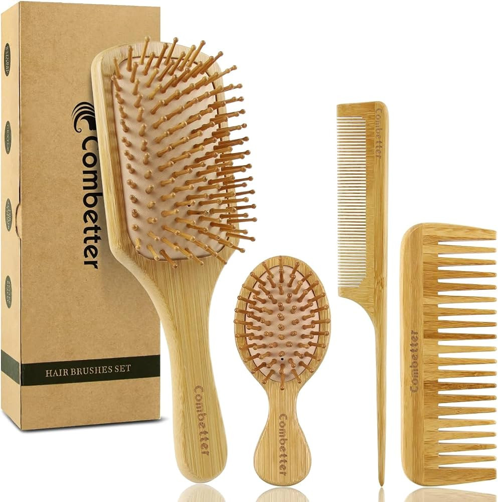 Combetter Natural Bamboo Hairbrush Set - Get Smooth, Shiny, and Healthy Hair with Reduces Frizz a... | Amazon (UK)