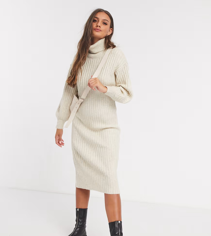 ASOS DESIGN Petite midi rib dress with cowl neck-Beige | ASOS (Global)