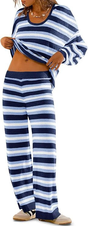 Tankaneo Womens Striped Sweater Set 2 Piece Casual Outfits Long Sleeve Tops Flare Pants Y2K Loung... | Amazon (US)