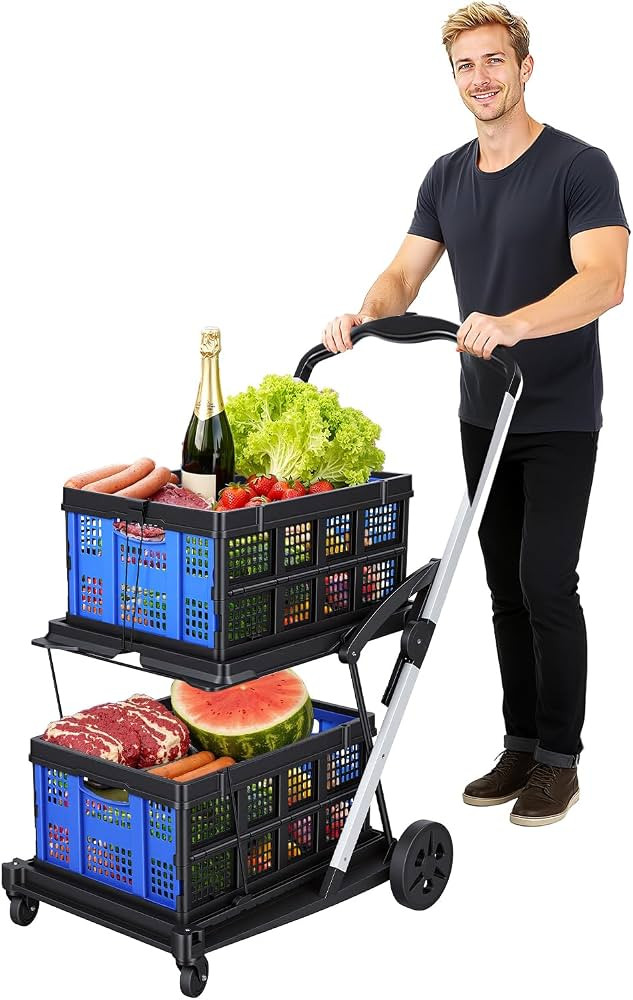Collapsible Shopping Cart, Foldable Grocery Cart with 360\u00b0 Wheels, 2-Tier Design Holds 40kg ... | Amazon (US)