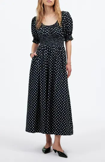 Madewell Shibori Dot Smocked Waist Midi Dress at Nordstrom Rack, Size 00 | Nordstrom Rack