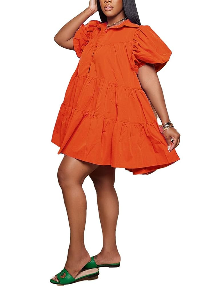 WOKANSE Women's Cute Babydoll Dresses 2024 Casual Loose Puff Sleeves Ruffle Hem Button Down Pleat... | Amazon (US)