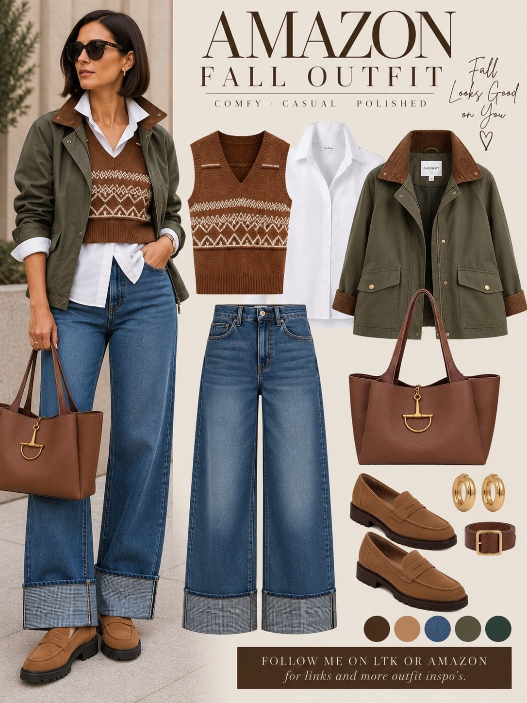 There’s something about a crisp white Oxford peeking out beneath a cozy patterned sweater vest that just works. Add an olive barn jacket with the collar popped, generously cuffed denim, and cognac suede loafers, and suddenly a casual outfit feels thoughtfully put together.

I love the mix of relaxed proportions, rich fall colors, and classic pieces with a little personality. The oversized brown tote adds the perfect finishing touch.

An easy, slightly preppy fall look with just the right amount of polish. All from Amazon!