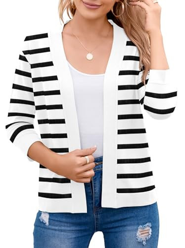 Bettysays Classic 3/4 Sleeve Lightweight Cardigan Knit Shrug Striped Cardigan Sweaters for Women (2X-Large,White-Black Stripes) | Amazon (US)