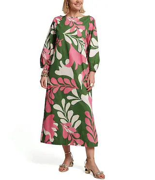 Minnow Mid-Century Palm Print Boat Neck Long Sleeve Midi Dress | Dillard's