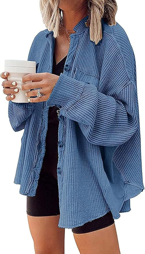 Nirovien Womens Waffle Knit Shirt Jacket Oversized Button Down Shacket Batwing Sleeve Tops with P... | Amazon (US)
