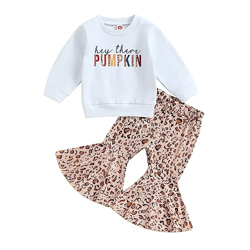 wybzd Toddler Baby Girl Halloween Outfit Pumpkin Crewneck Sweatshirt Bell-Bottom Leopard Pants Sets Thanksgiving Clothes Hey Pumpkin Leopard 6-12 Months | Amazon (US)