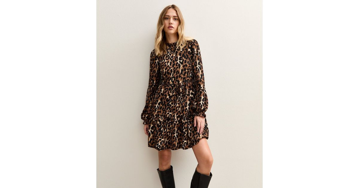 Brown Crinkled Leopard Print Smock Mini Dress | New Look | New Look (UK)