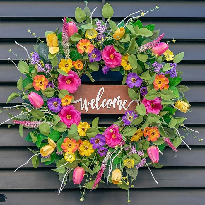 Pinkpuii Spring Wreaths for Front Door Outside – 24 Inch Artificial Tulip & Wildflower Summer W... | Amazon (US)