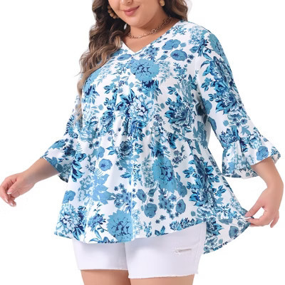 Agnes Orinda Women's Plus Size Floral Peplum V Neck Ruffle Sleeve Elegant Babydoll Blouse 4X Blue | Target